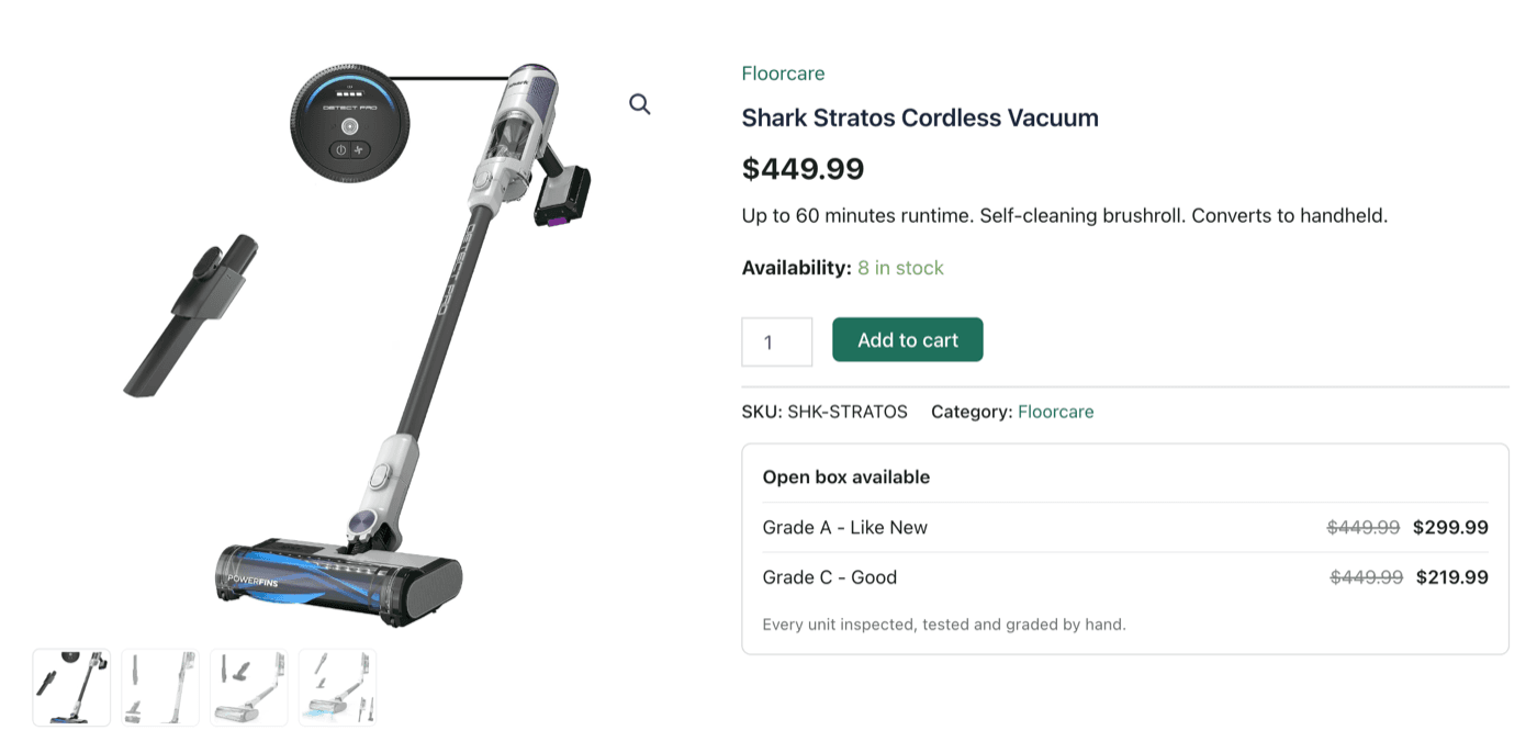 A WooCommerce product page with an open box offer below the add to cart button, showing Grade A and Grade C at discounted prices