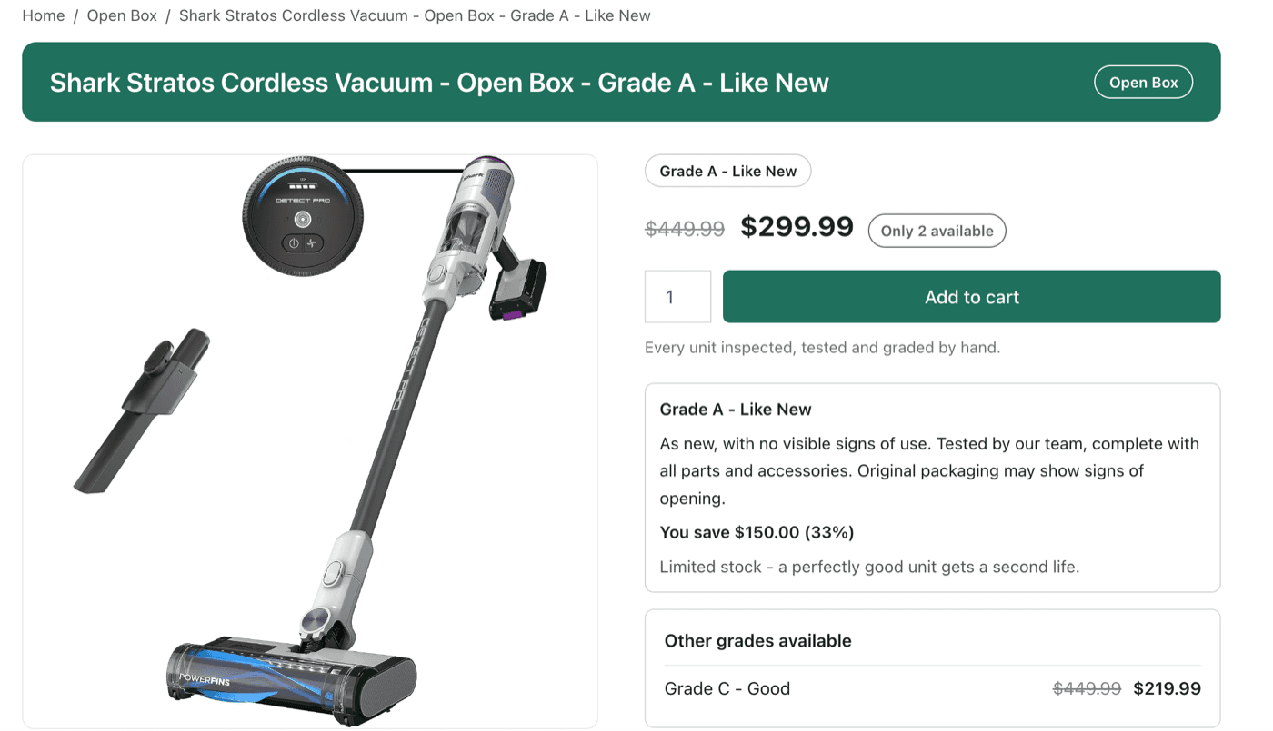 An open box product page in RepairStep's design - title banner, gallery, grade, condition description, the saving, and links to the other grades