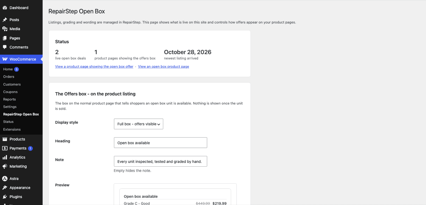 The RepairStep Open Box settings screen in WordPress admin, showing live listing status and a preview of the offers box